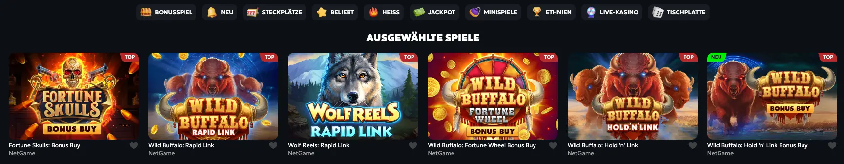 Spielauswahl bei SpinMills